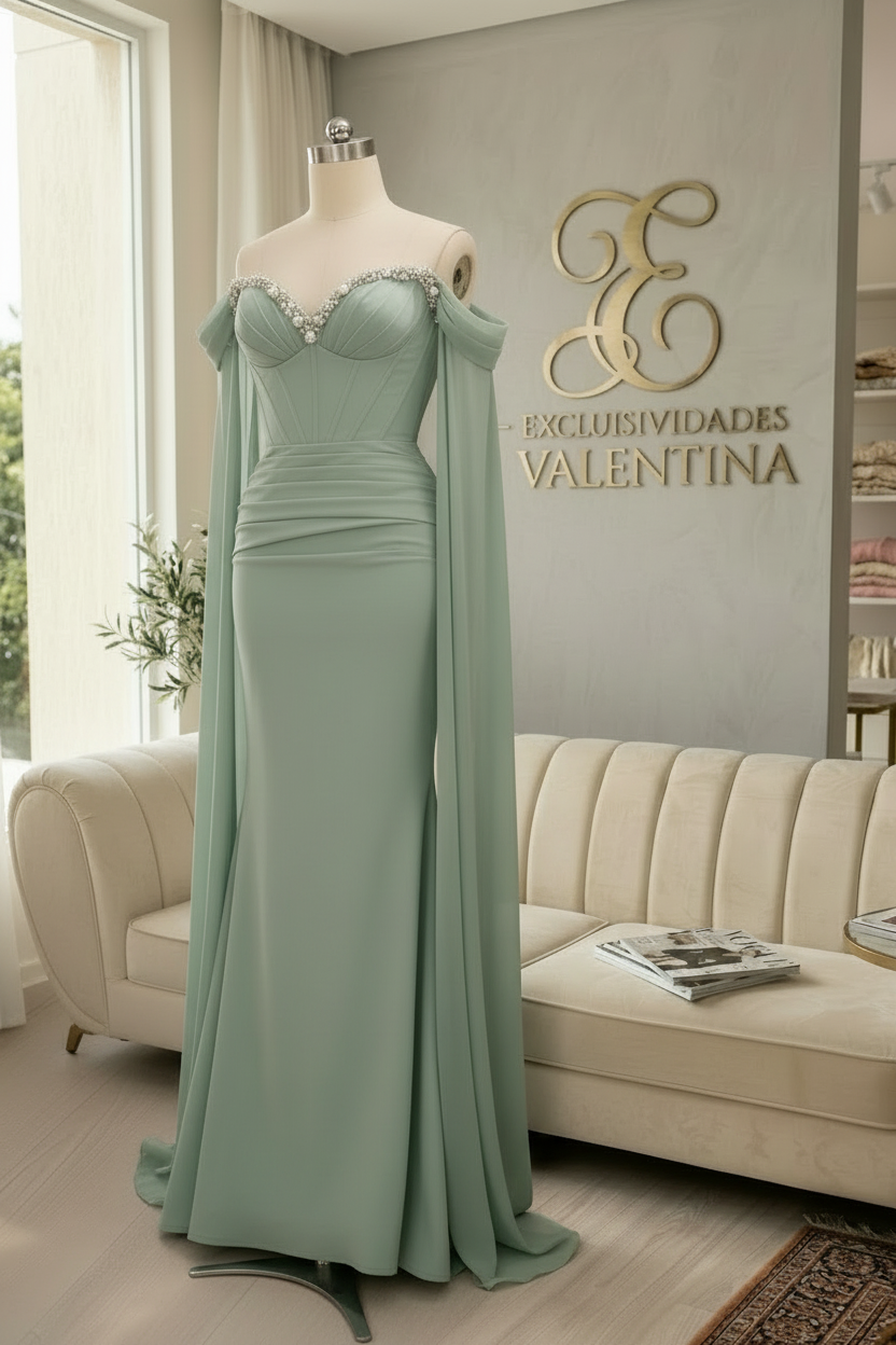 Vestido Largo Verde Agua Off-Shoulder con Capa de Chifón y Cristales cod.V955