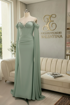 Vestido Largo Verde Agua Off-Shoulder con Capa de Chifón y Cristales cod.V955