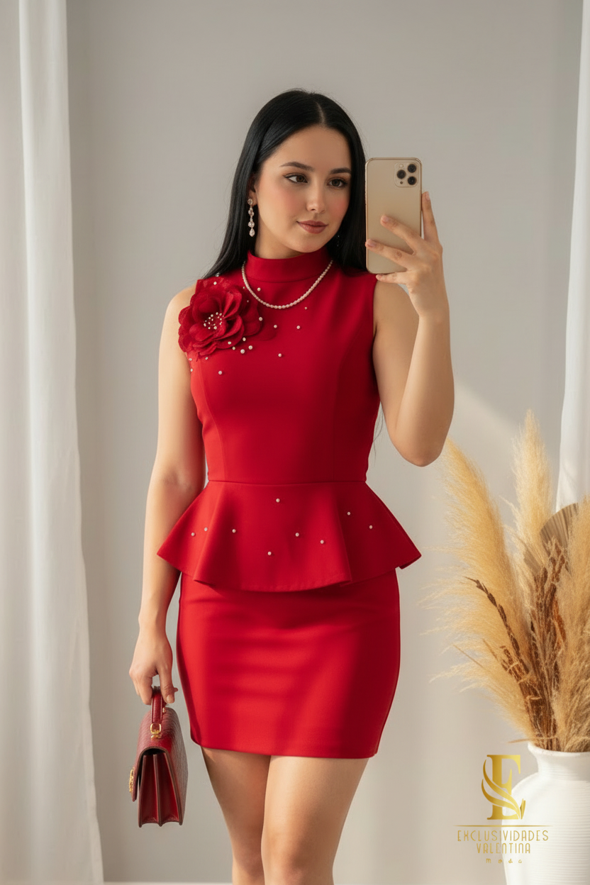 Vestido Rouge Peplum Rose cod.V216