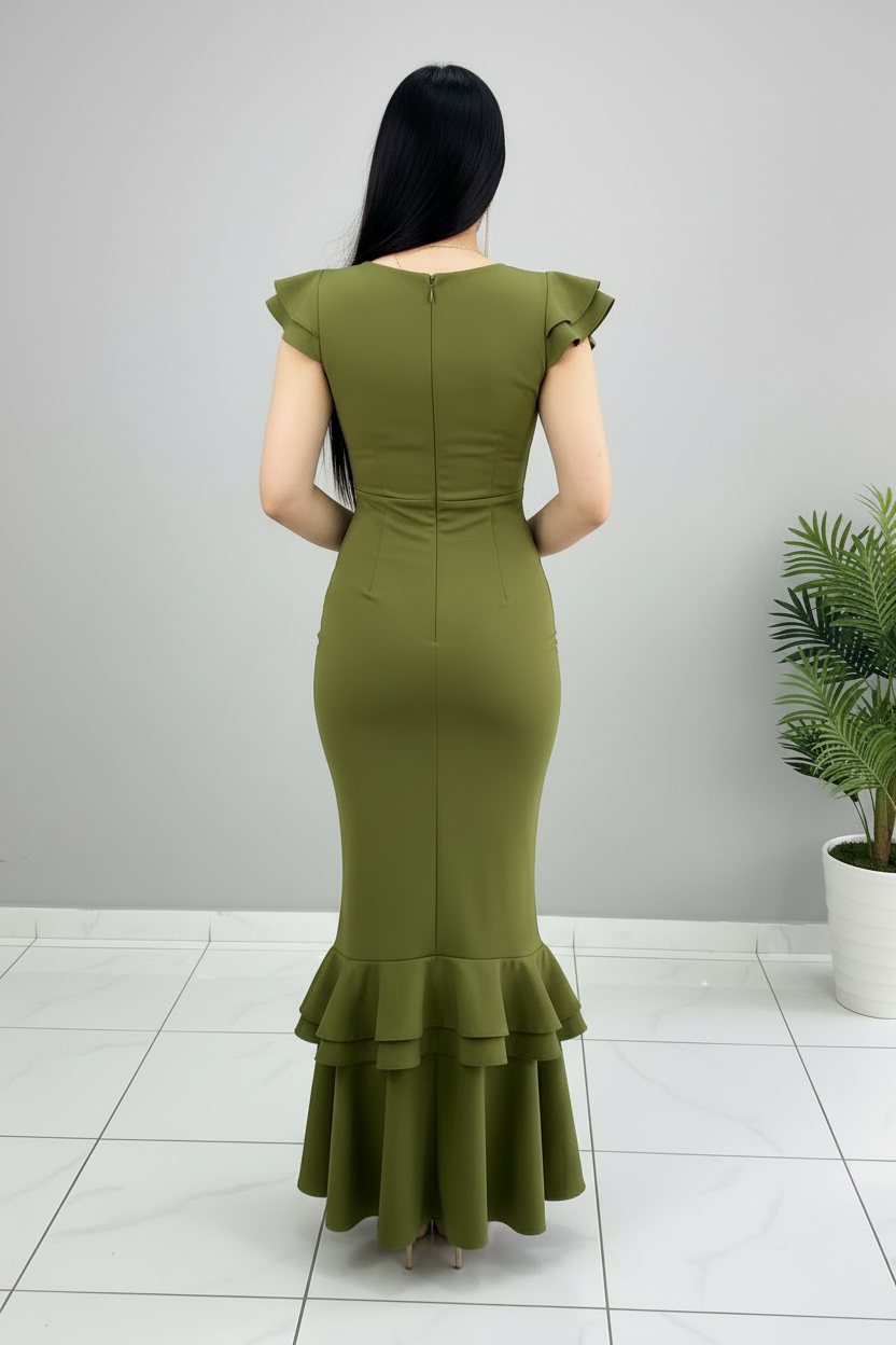 Vestido Verde Oliva Sirena con Volantes y Rosa 3D cod.648