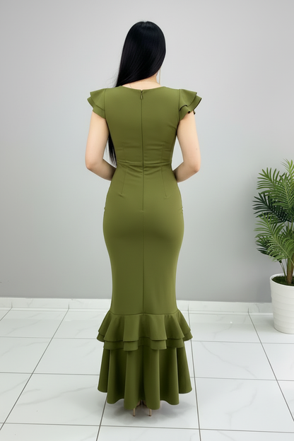 Vestido Verde Oliva Sirena con Volantes y Rosa 3D cod.648