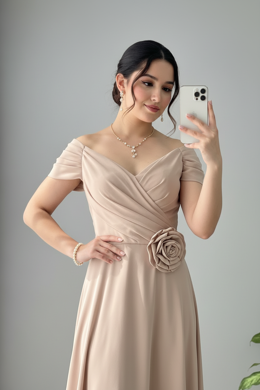 Vestido Champagne — Rosa 3D & Hombros Descubiertos cod.855