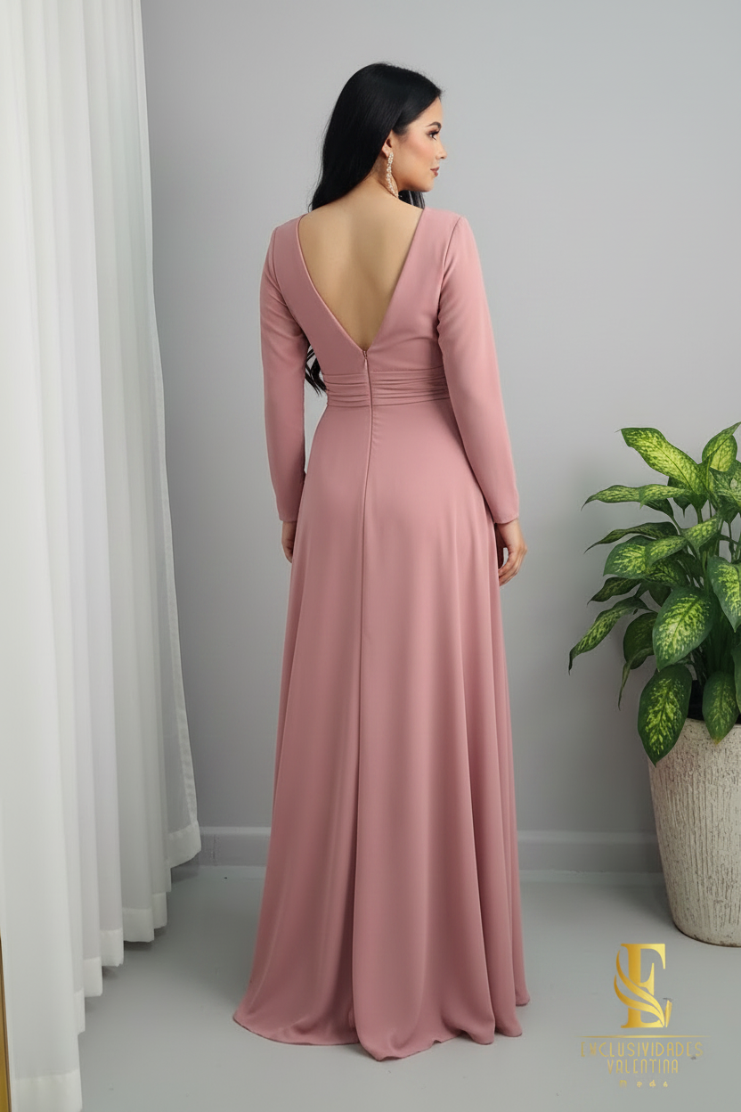 Vestido Rosa Palo Escote V con Rosa en Cintura