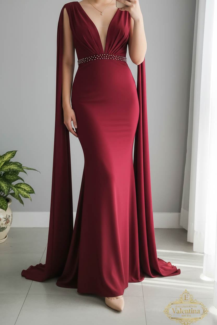 Vestido Vino Escote V Profundo Mangas Capa Cinturón Perlas cod.920