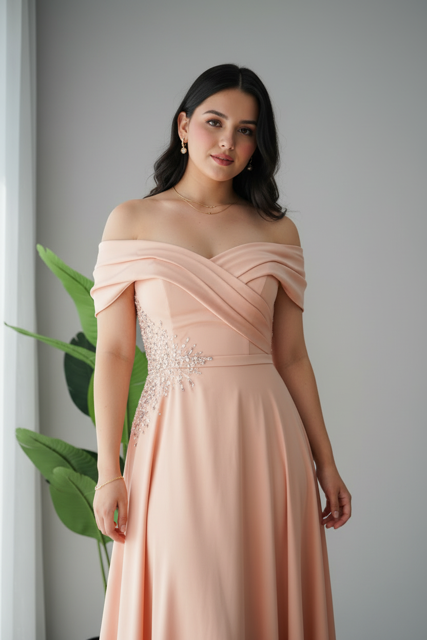 Vestido Peach Crystal Off-Shoulder – Gown Salmón Hombros Caídos con Bordado de Cristales cod.692