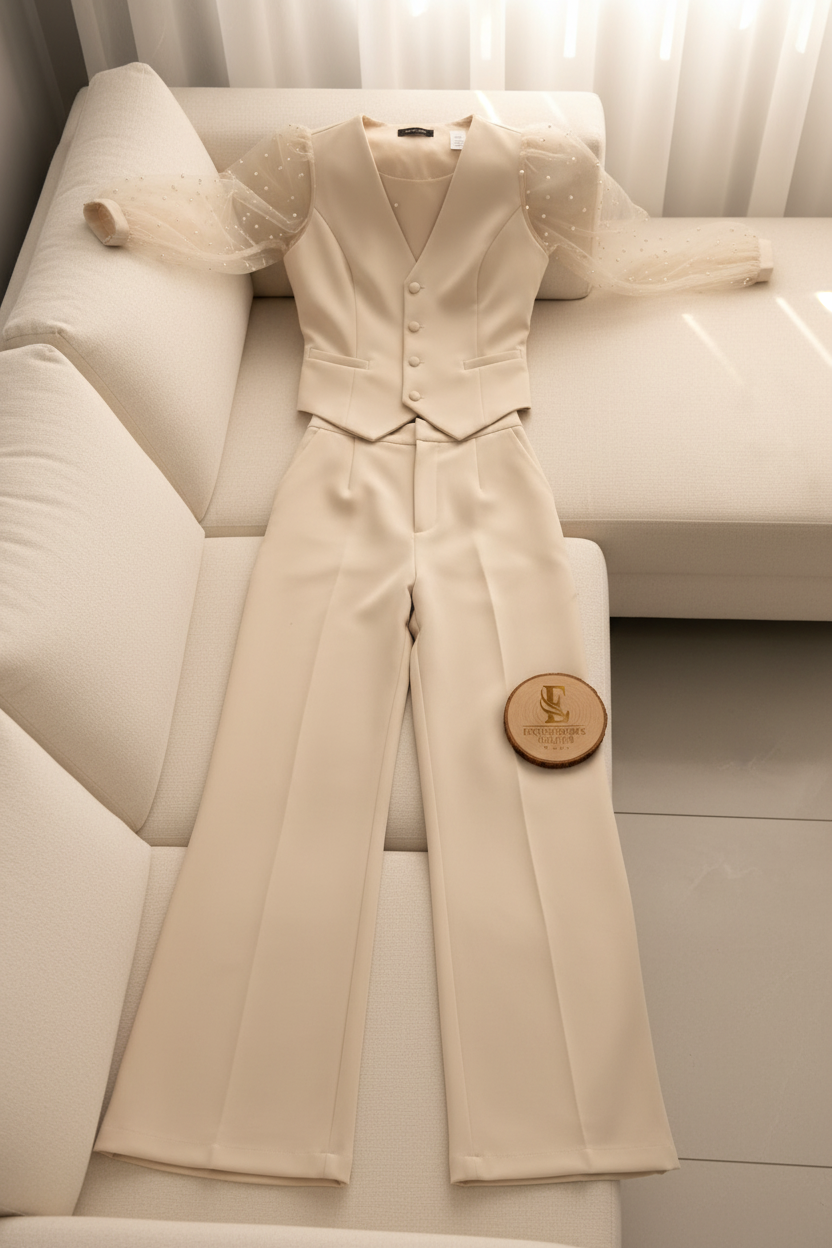 Conjunto Tres Piezas Crema — Tul con Perlas, Chaleco & Palazzo cod.873