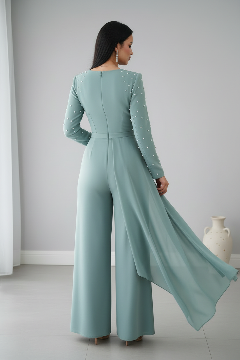 Enterizo verde sage perlas drapeado pantalón wide leg C.1944