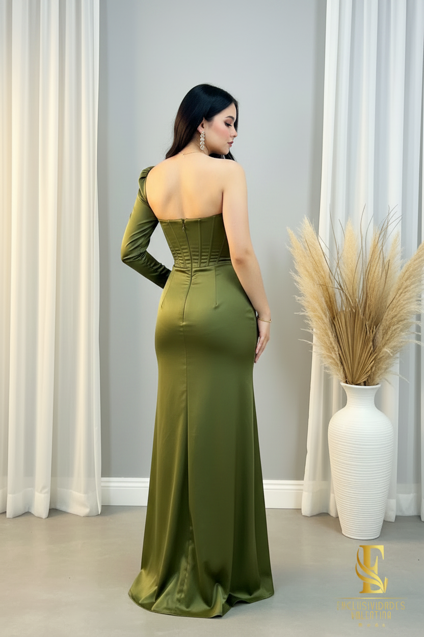 Vestido Satinado Verde Militar Un Hombro cod.00186