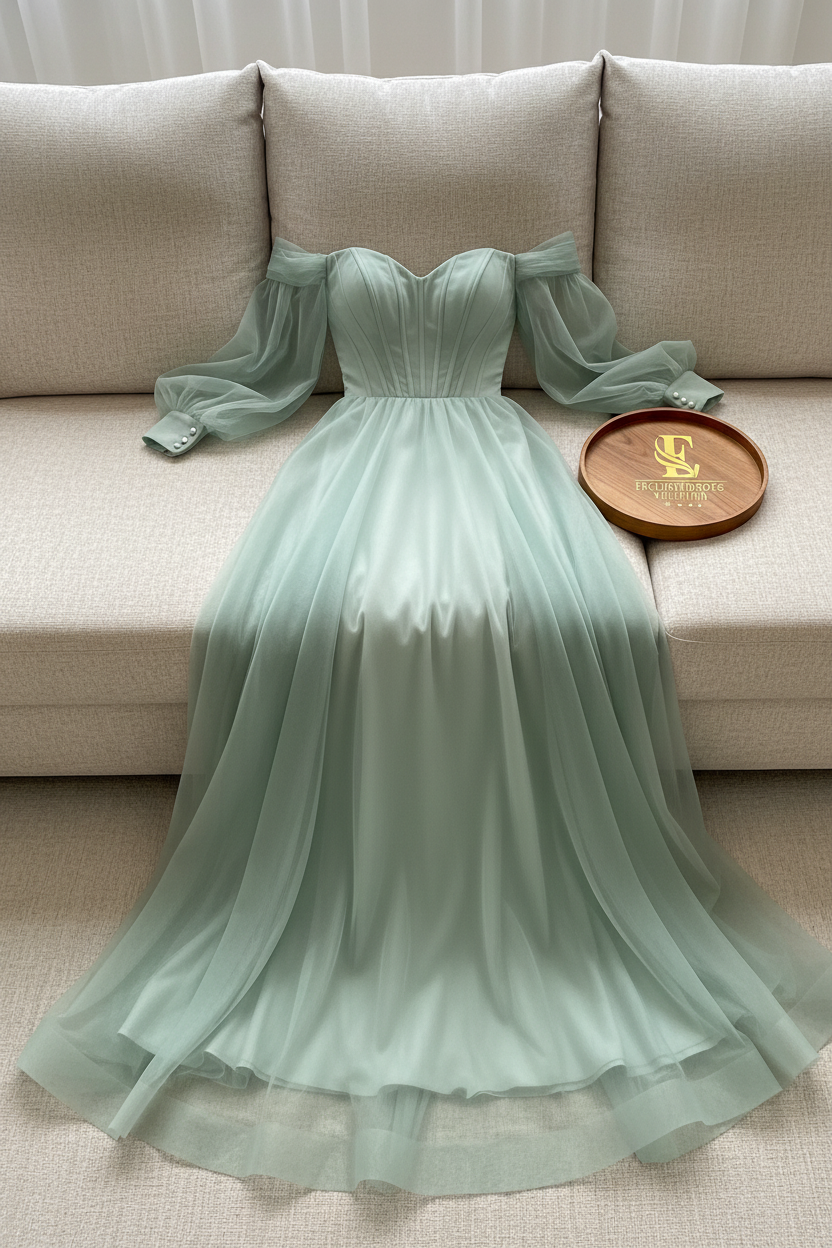 Vestido Verde Menta Off-Shoulder Manga Bishop Tul Maxi cod.978