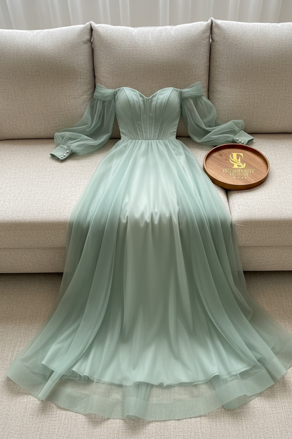 Vestido Verde Menta Off-Shoulder Manga Bishop Tul Maxi cod.978
