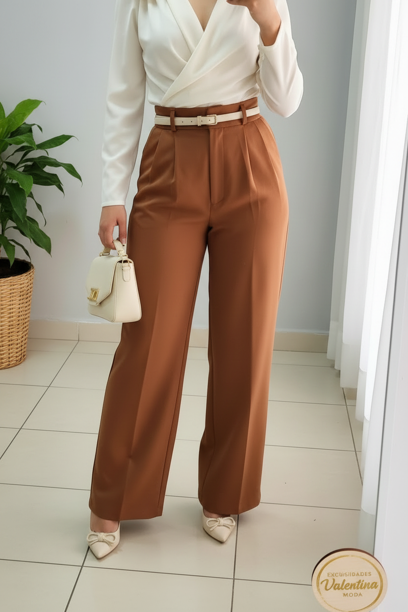 Conjunto 2 Piezas Top Blanco Rosa 3D Manga Larga y Palazzo Terracota cod.00138