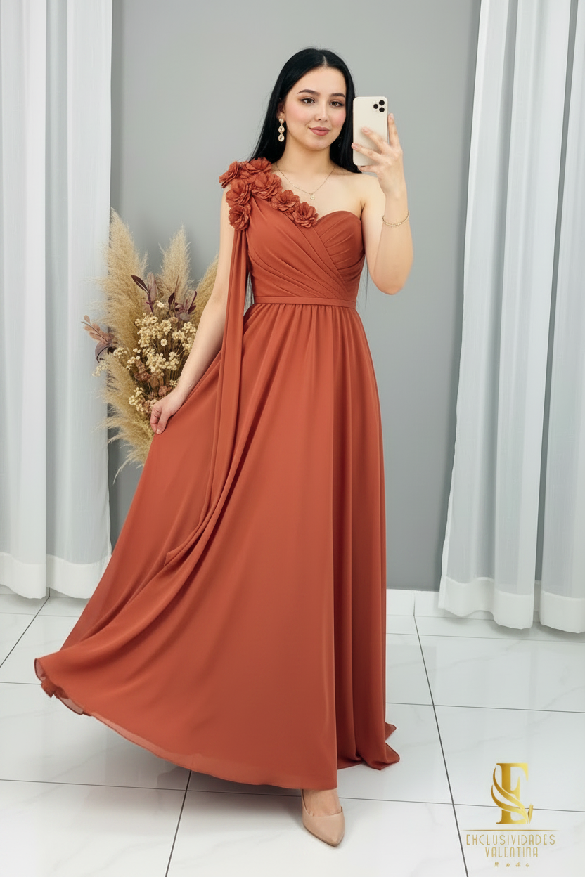Vestido Terracota Largo Un Hombro Rosas 3D Falda Evasé cod.V298