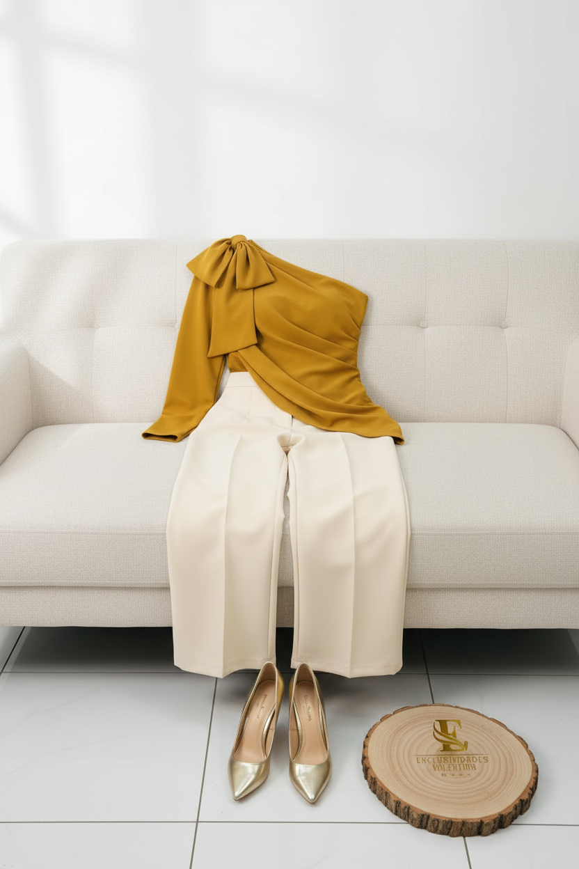 Blusa Mustard Bow Un Hombro cod.597
