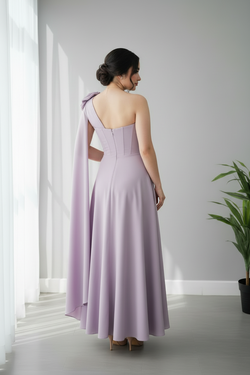 Vestido Lila Lavanda Un Hombro con Rosa 3D y Capa Fluida cod.733