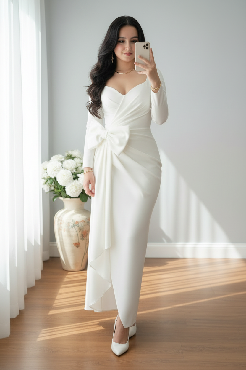 Vestido Blanco Off-Shoulder Manga Larga con Lazo Frontal y Corte Columna — Novia y Gala cod.0073