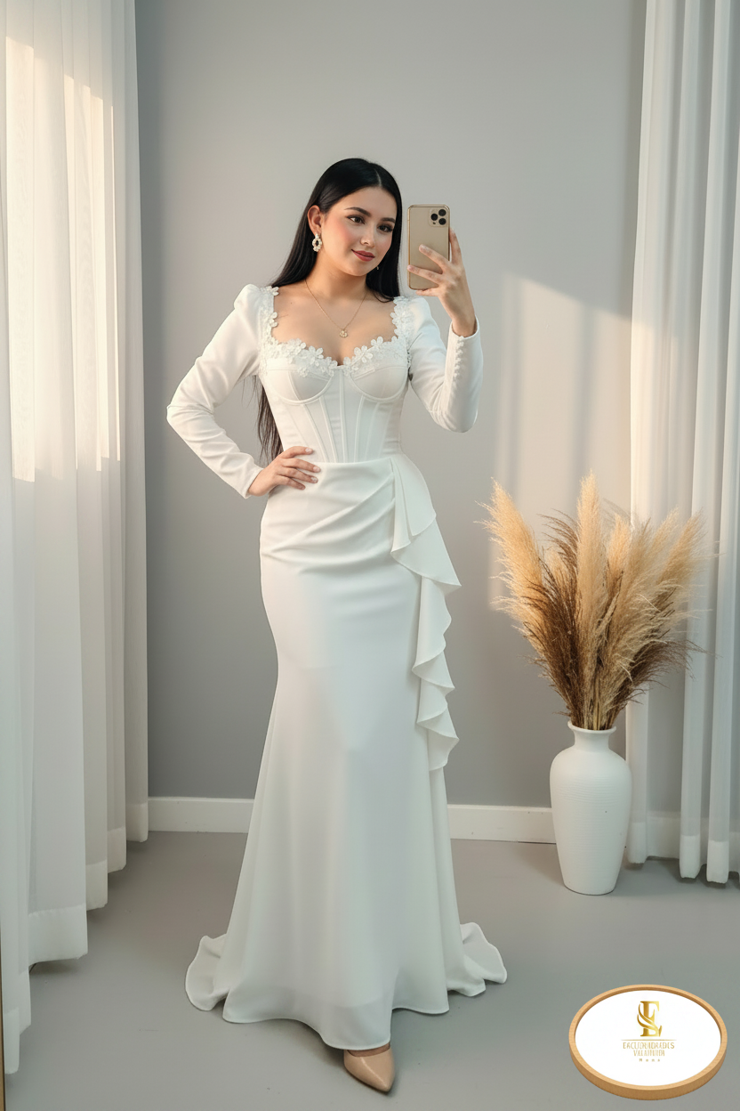 Vestido Blanco Sirena Corset Flores 3D cod.00171