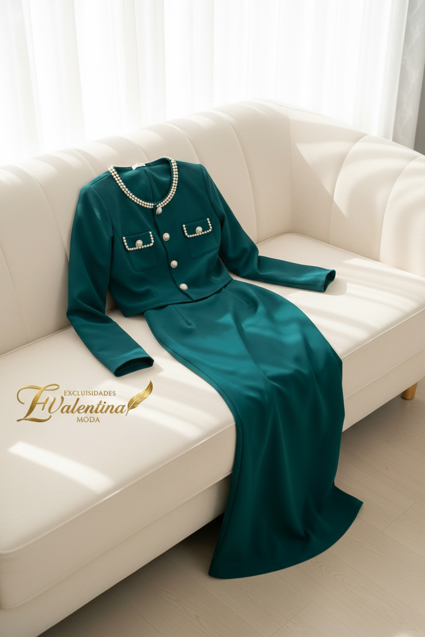 Conjunto Dos Piezas Verde Esmeralda Estilo Chanel con Perlas cod.C935