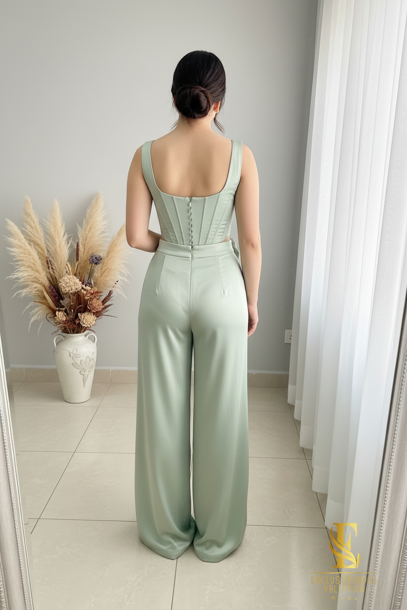 Conjunto Verde Menta | Top Corsé con Rosa 3D y Palazzo cod.C442