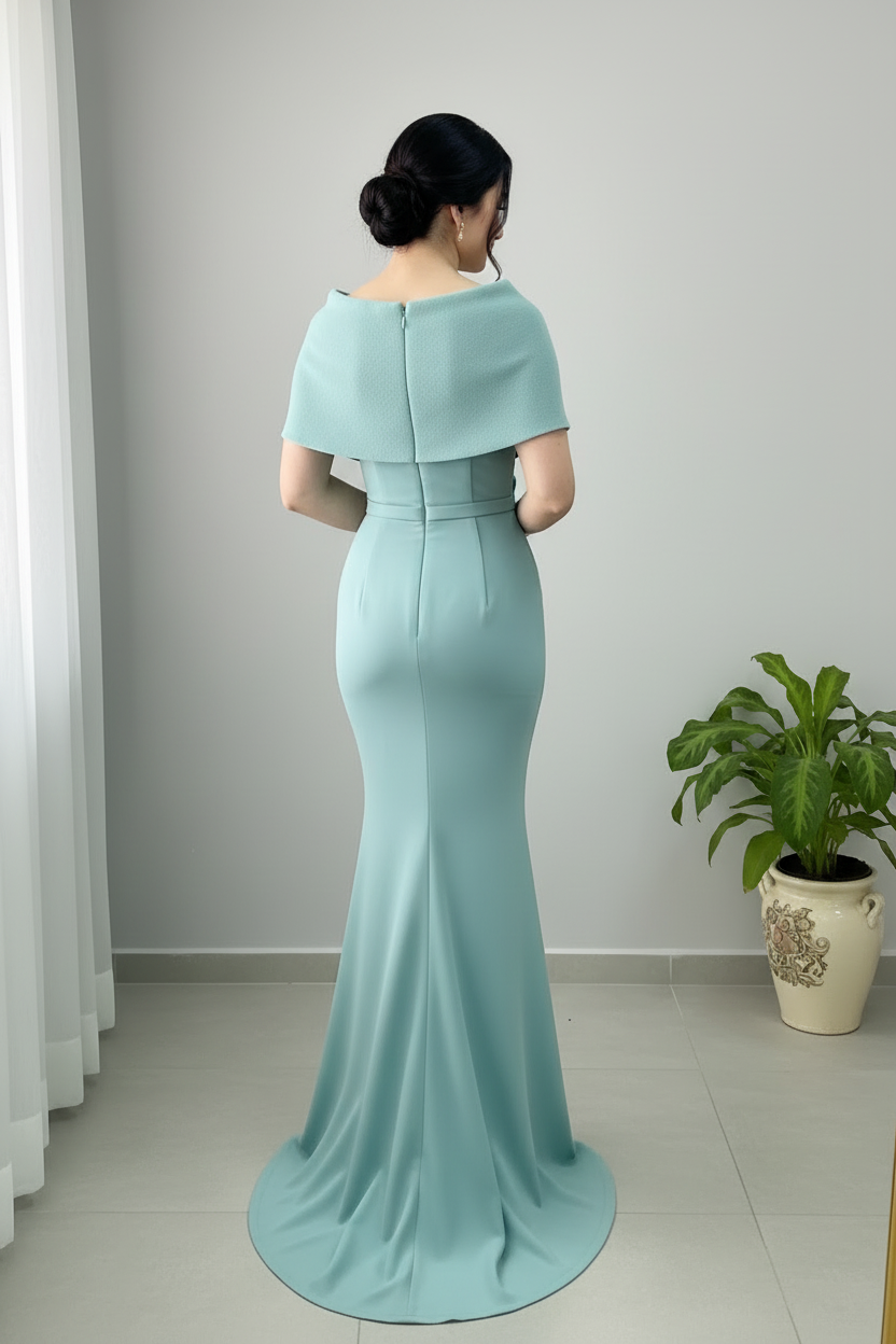 Vestido Sirena Verde Agua con Chal Exclusivo 798