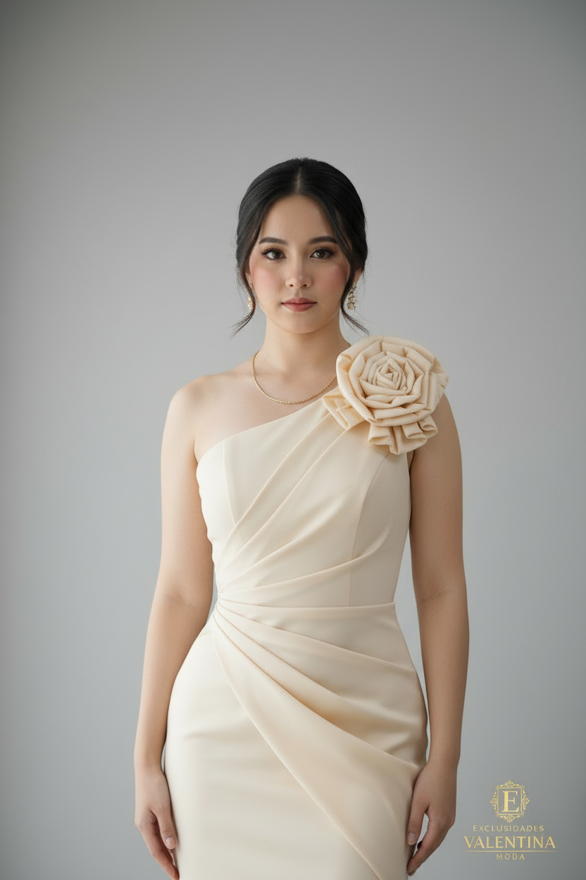 Vestido Champagne Un Hombro Rosa 3D Sirena cod.922