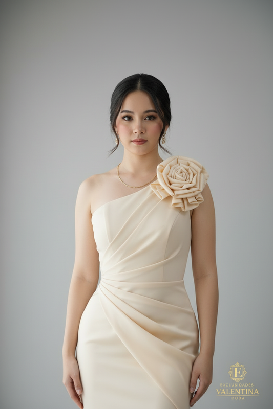 Vestido Champagne Un Hombro Rosa 3D Sirena cod.922