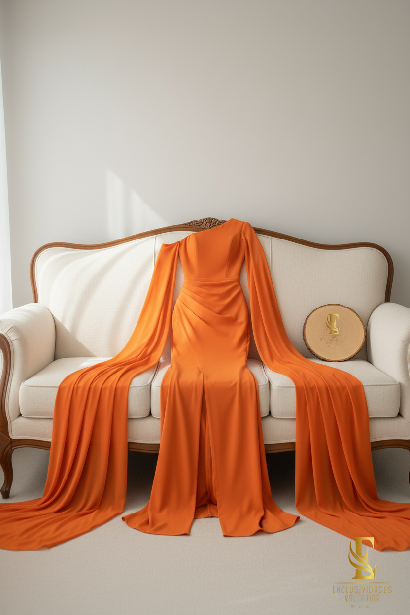 Vestido Naranja One-Shoulder Sirena Mangas Capa Abertura cod.00105