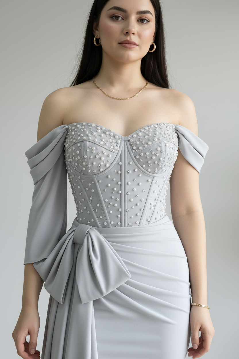 Vestido Formal Gris Plateado Off-Shoulder Corset de Perlas con Lazo Drapeado cod.521