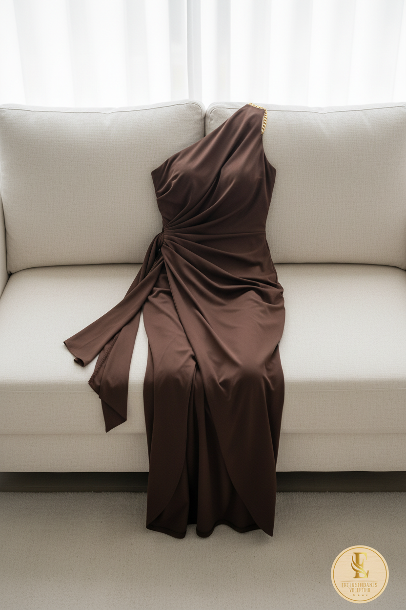 Vestido Chocolate Un Hombro Cadena Dorada Drapeado Lazo y Abertura cod.762