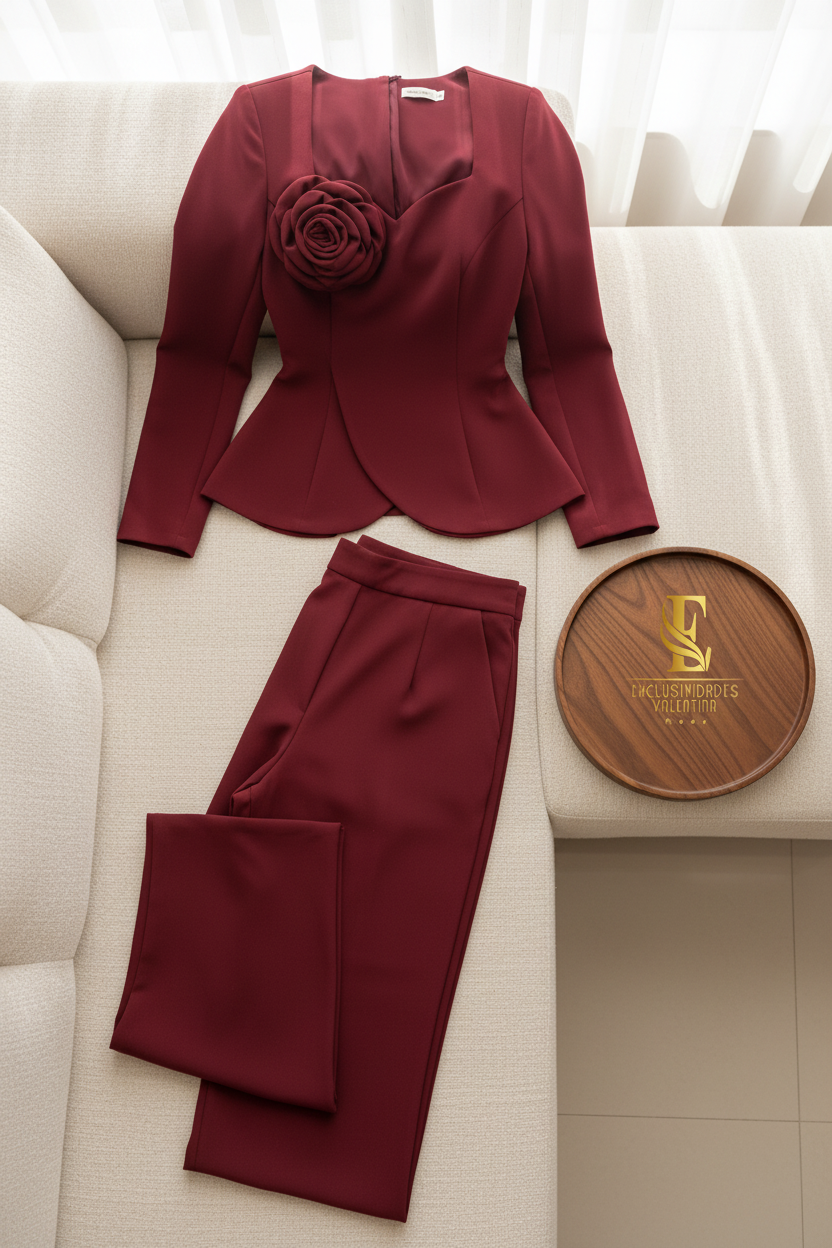 Conjunto Borgoña — Blazer Peplum Rosa 3D & Palazzo cod.0037