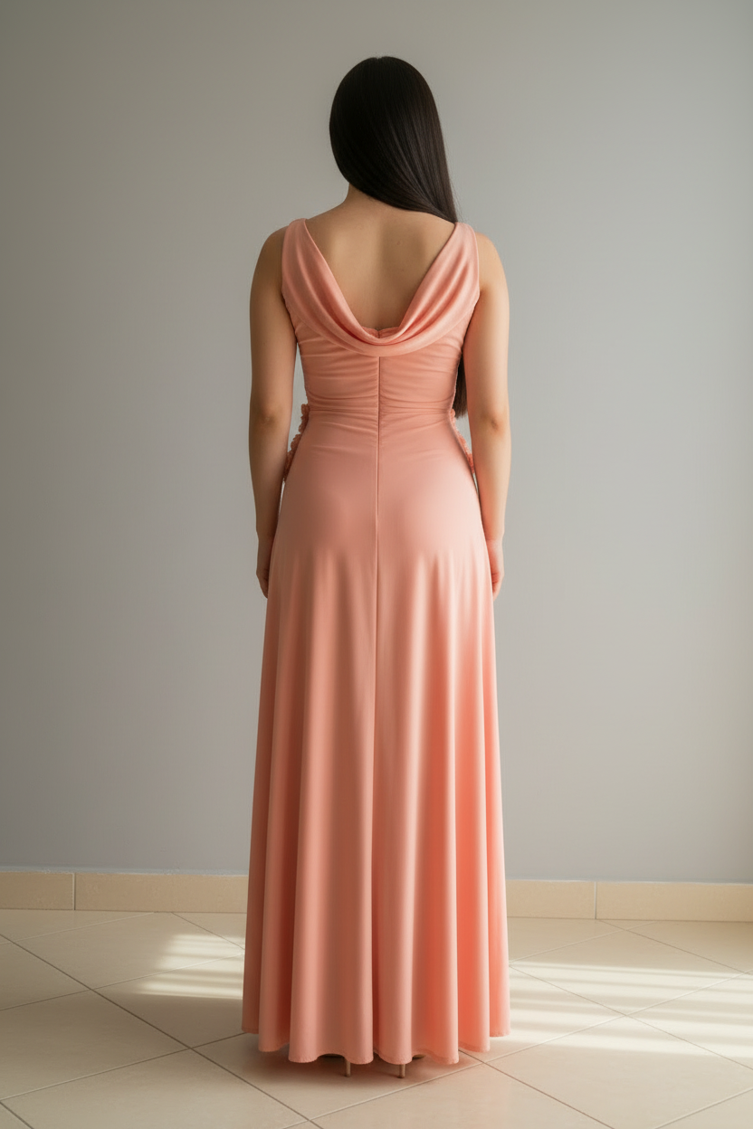 Vestido Salmon Rose – Gown Salmón con Rosas 3D & Abertura cod.681