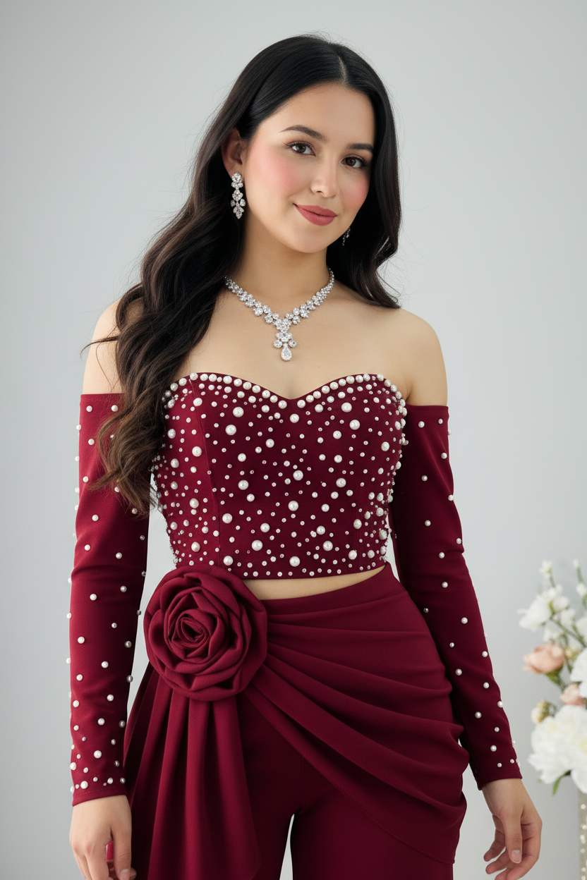 Conjunto Gala Vinotinto Corset de Perlas Off-Shoulder y Palazzo con Rosa 3D cod.C0031