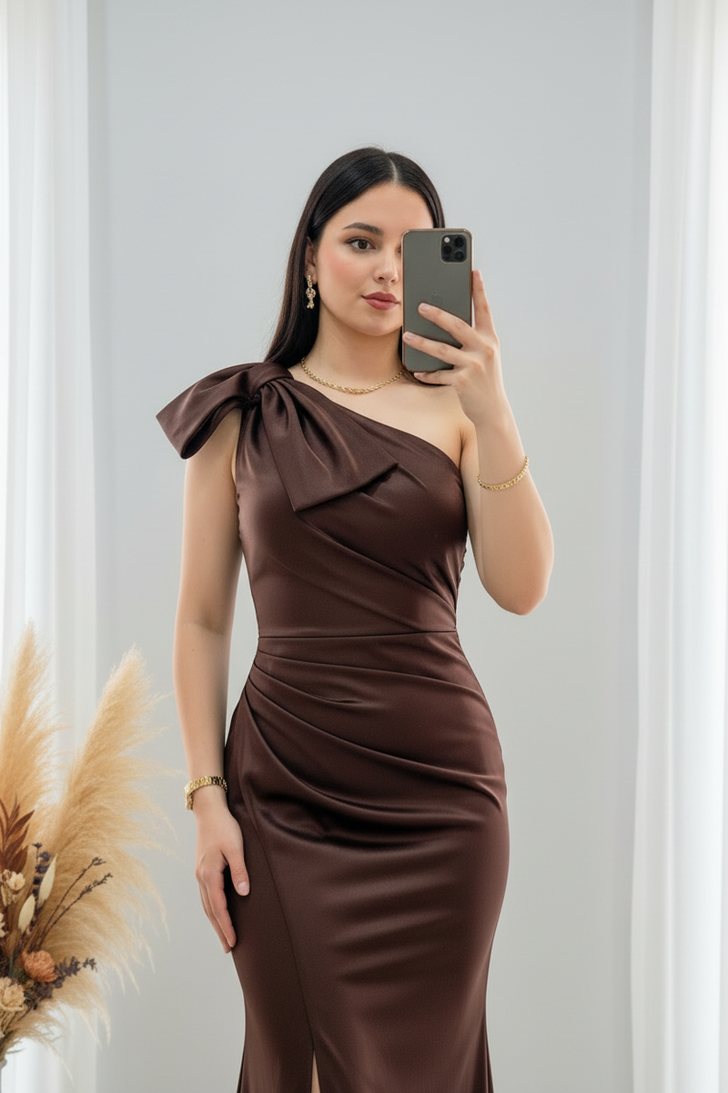 Vestido Chocolate One-Shoulder Moño cod.V423