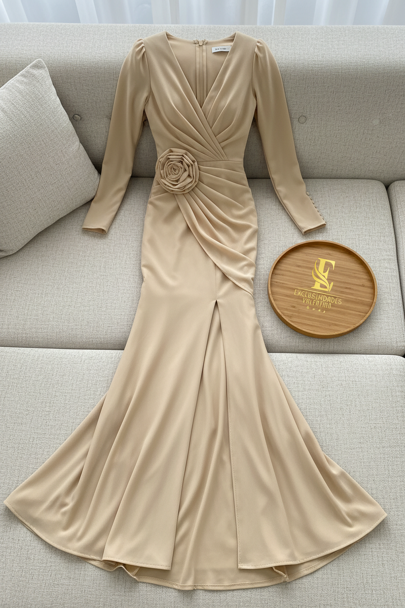 Vestido Dorado Champagne Manga Larga Sirena con Rosa D cod.968