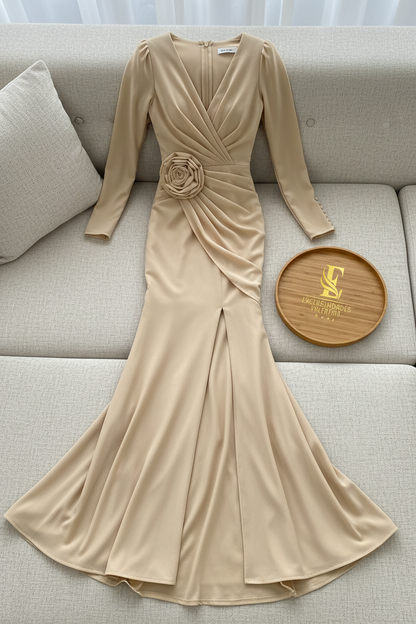 Vestido Dorado Champagne Manga Larga Sirena con Rosa D cod.968