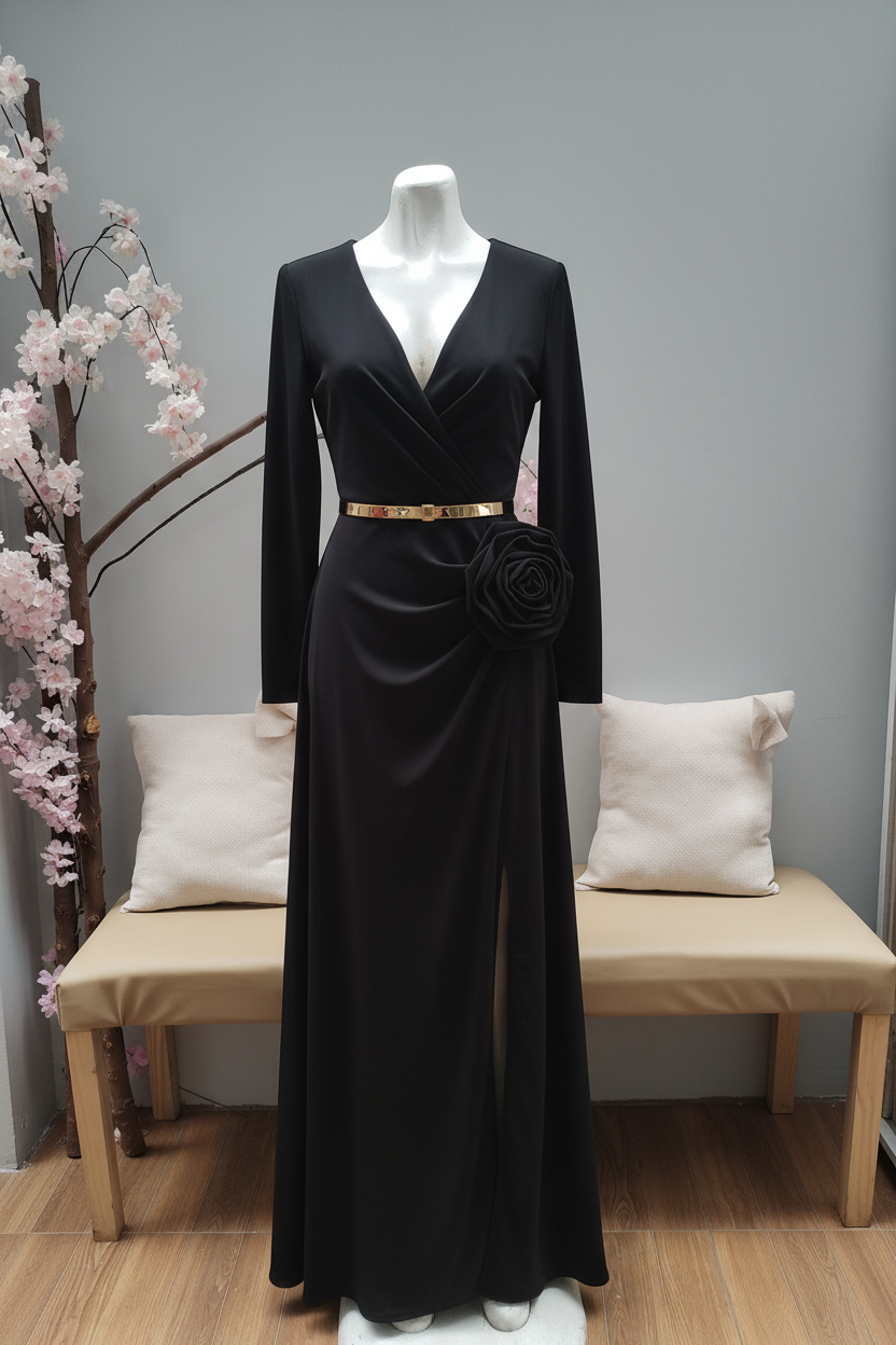 Vestido Negro Rosa 3D Dorado cod.V307