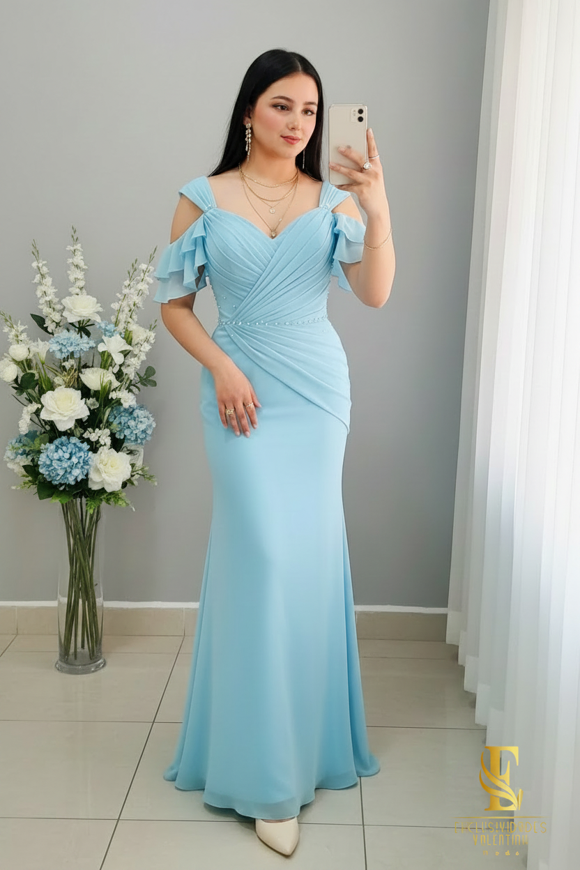 Vestido Sirena Azul Cielo | Cold-Shoulder con Volantes, Drapeado y Perlas cod.V515