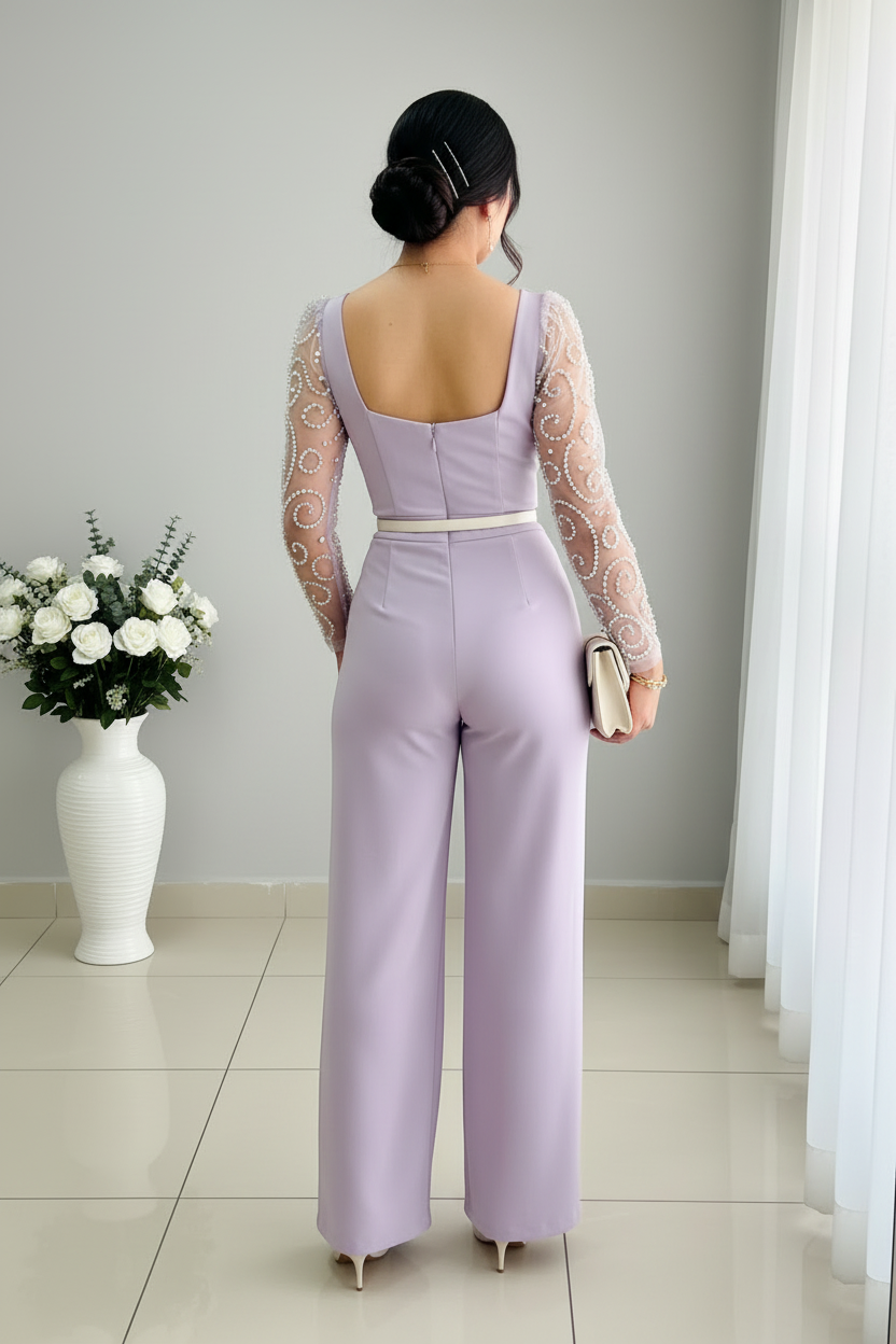 Enterizo Lavanda Mangas de Tul con Perlas cod.E545