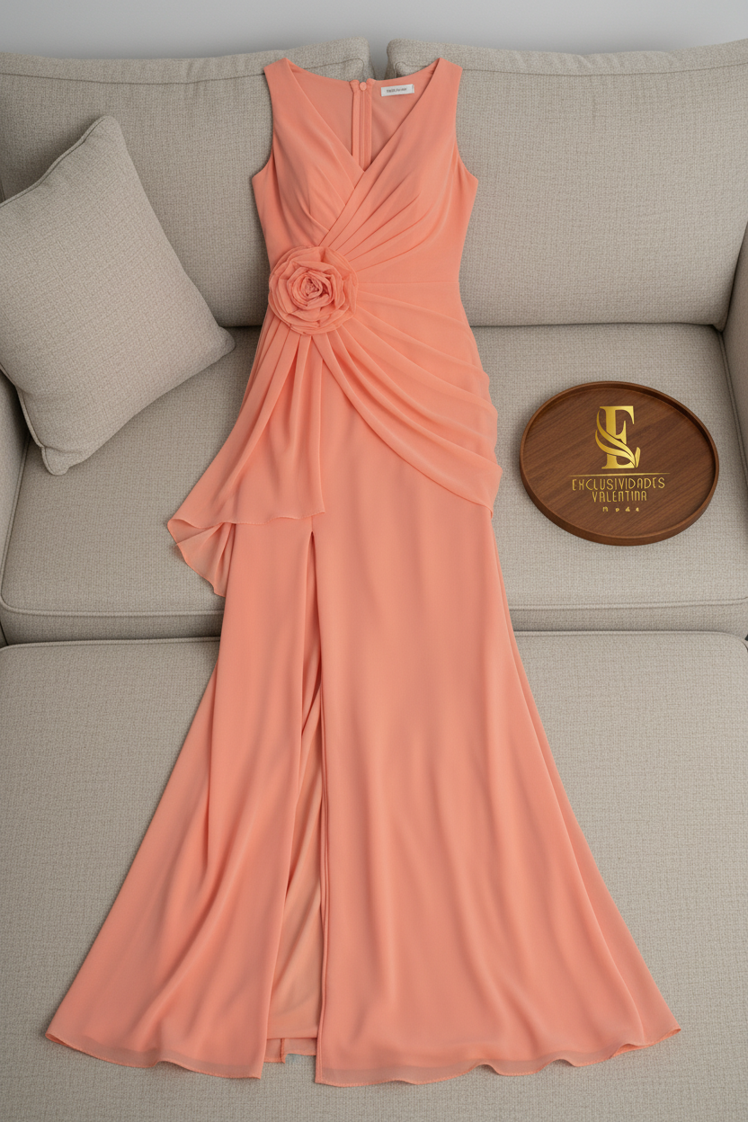 Vestido Coral Salmón Sin Mangas con Rosa 3D y Panel de Gasa cod.973