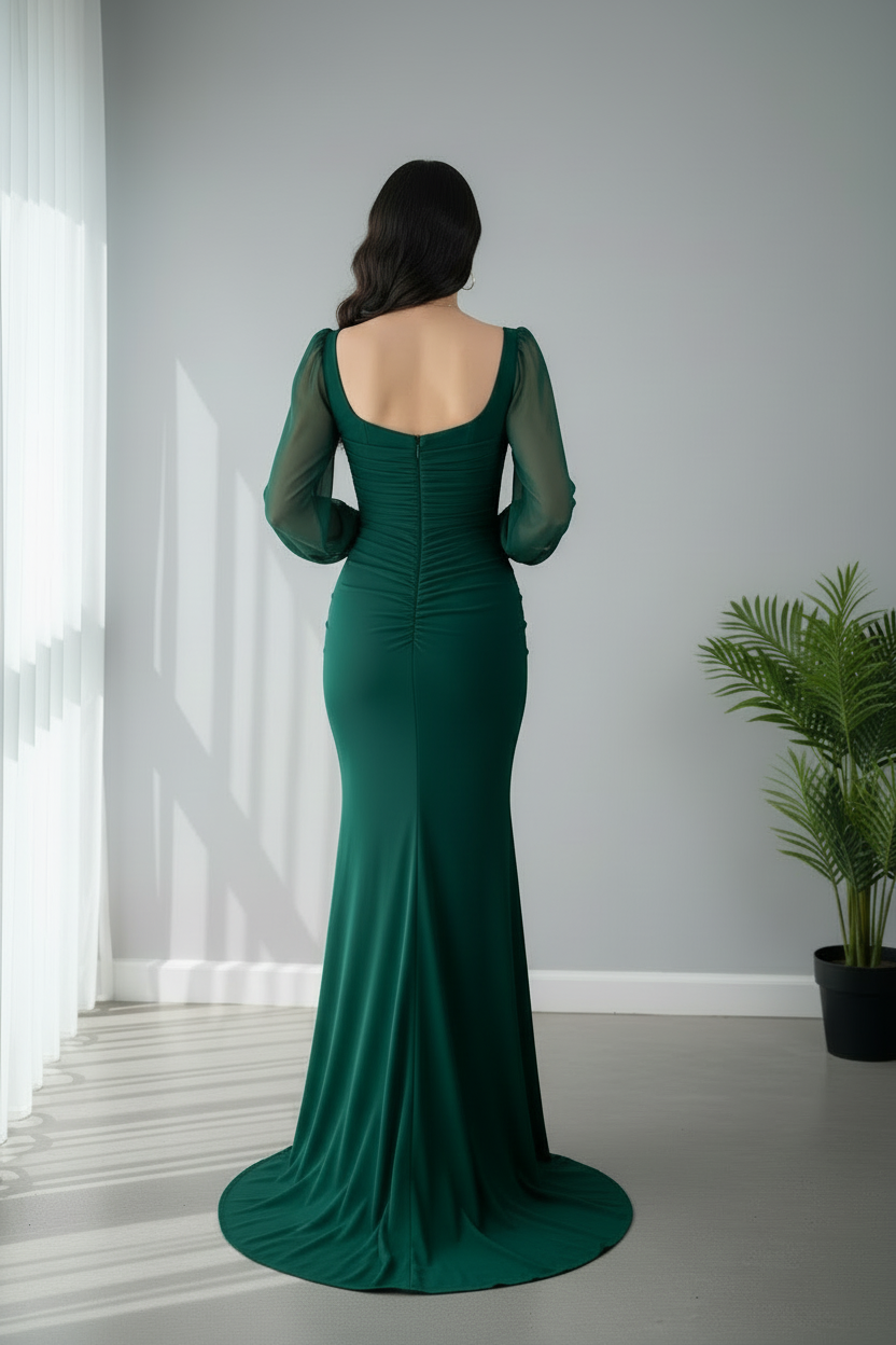 Vestido Verde Esmeralda Mangas Chifón Sirena con Drapeado cod.727