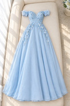 Vestido celeste corsé floral con perlas y mangas caídas cod. VC002