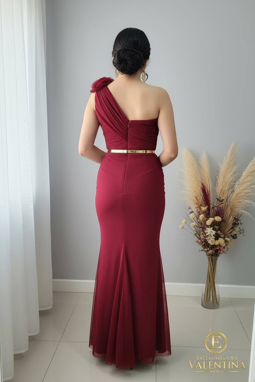 Vestido Sirena Un Hombro Burdeos Rosa D cod.V399
