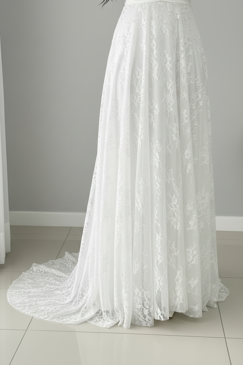 Vestido Novia Blanco Encaje Mangas Obispo con Perlas cod.V0026