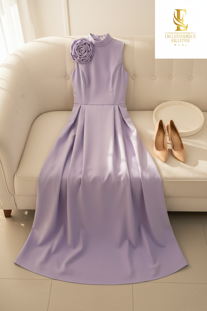Vestido Lila Rosa 3D Cuello Alto cod.00159