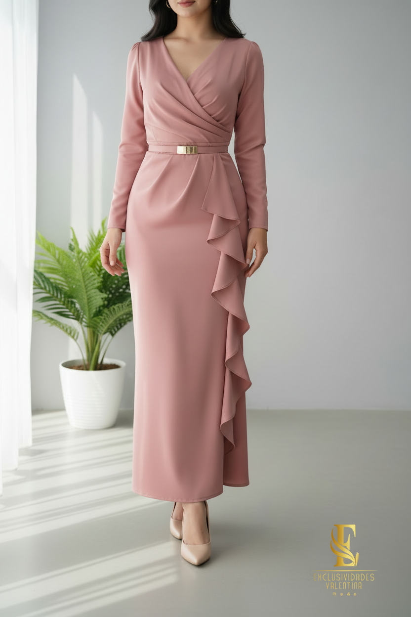 Vestido Midi Rosa Palo con Escote Cruzado y Volantes cod.V246