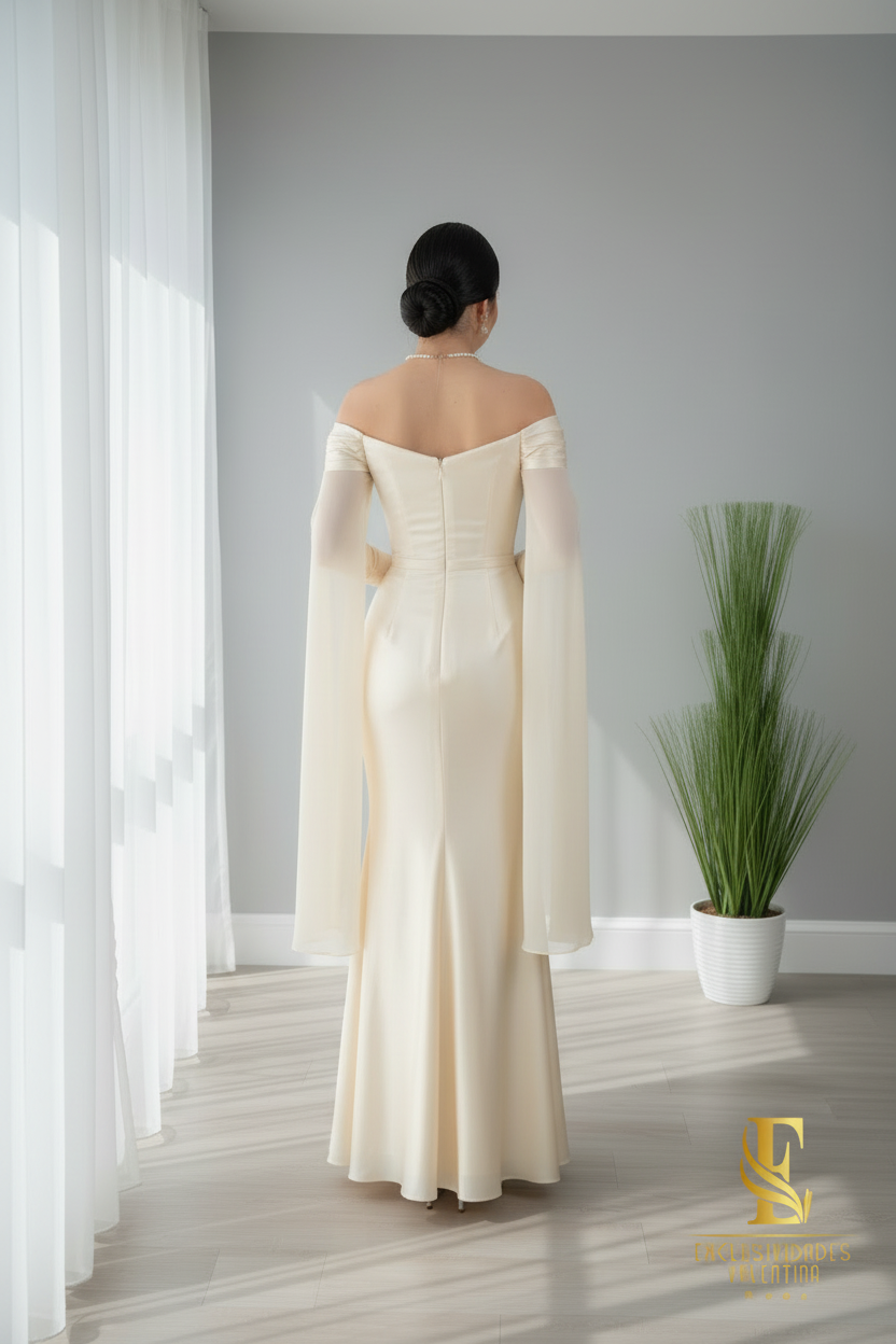 Vestido Crema Off-Shoulder con Mangas Campana cod.V666