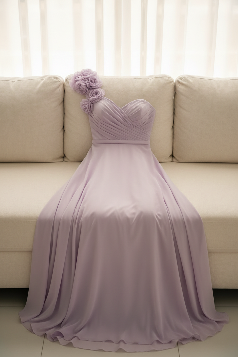 Vestido Lila Línea A con Rosas 3D en el Hombro cod.V605
