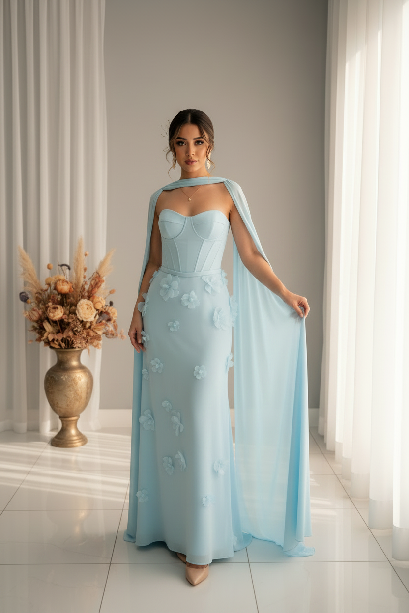 Vestido Azul Cielo Gala Corset Flores 3D Mangas Capa cod.V579