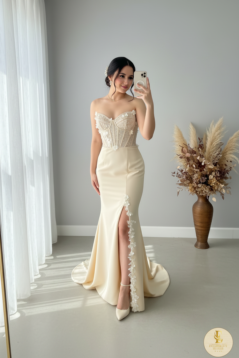 Vestido Crema Corset Floral Abertura Sirena cod.V384
