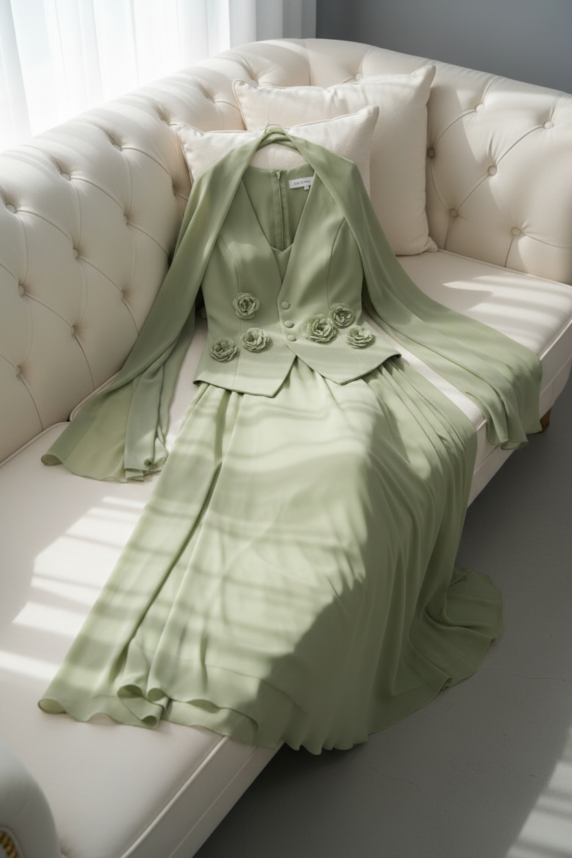 Conjunto Verde Salvia Chaleco con Rosas 3D y Capa cod.C638