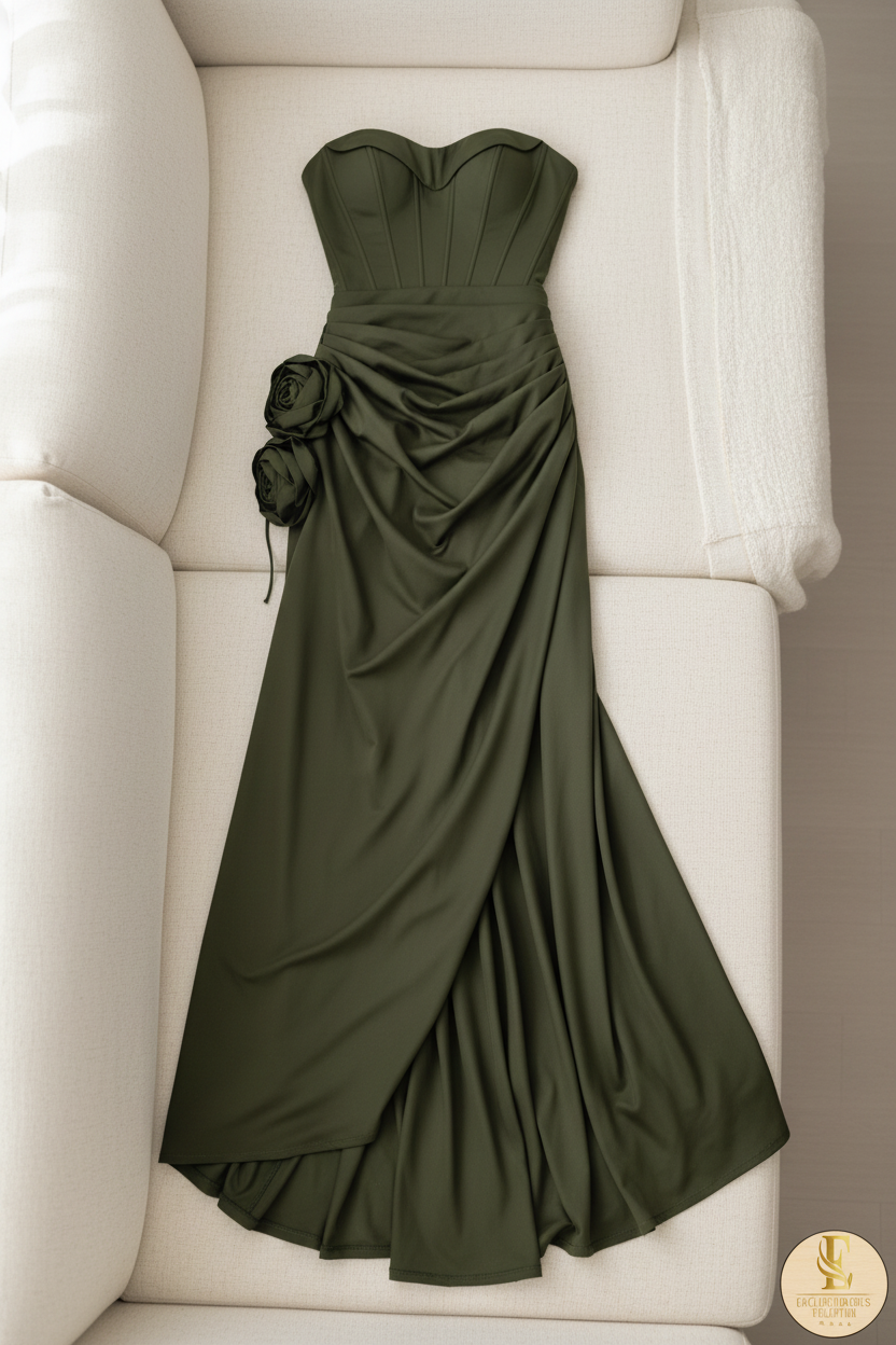 Vestido Verde Oliva Militar Strapless Corset Rosas 3D Cordones y Cola con Abertura cod.774